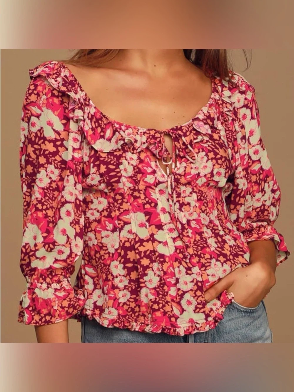 Free People Sweet Memories Pink Multi Floral Print Ruffled Puff Sleeve Top XS